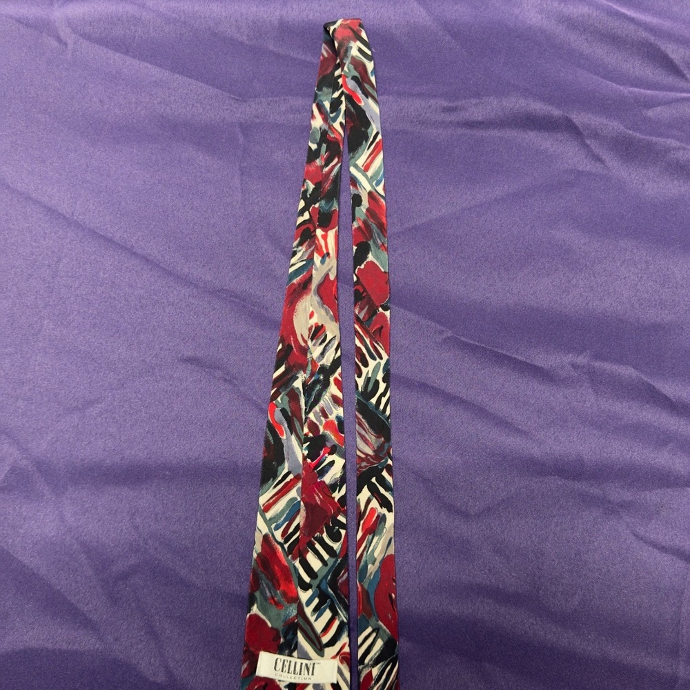 Cellini Collection Men's Silk Tie Abstract Floral Red Blue Black‎ White Neckwear - Picture 5 of 5